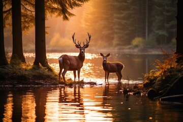 Stunning deer by tranquil lake - epitomizing nature's preservation and sustainability. Generative AI