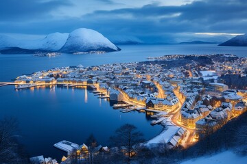 winter evening panorama of Alesund covered in snow, Norway. Generative AI