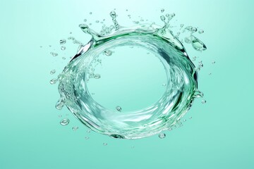 3d clear water splashing round frame isolated on clean green background, liquid stream motion ring.