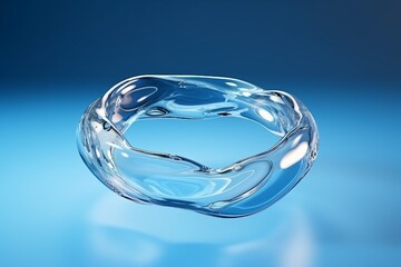 3d clear water splashing round frame isolated on blue background, liquid stream ring.