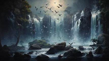 Fotobehang Waterfall flying birds © Wajid