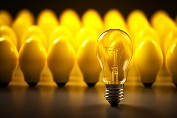A unique yellow lightbulb shining brightly, symbolizing creative innovation and standing out from the crowd. Generative AI