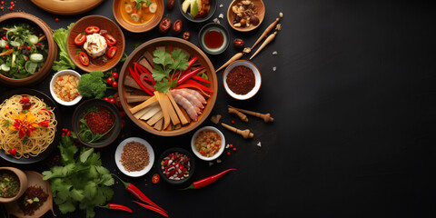 Fototapeta na wymiar Traditional Thai food on dark background. Oriental food concept. Top view, flat lay, panorama ,generative ai