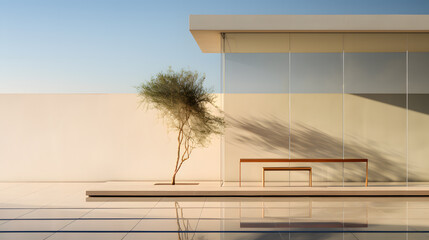 a minimalist house, with clear glass walls as the background