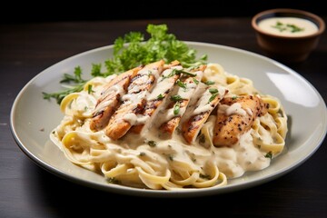 Creamy pasta dish with grilled chicken and rich alfredo sauce. Generative AI