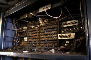 Burning switchboard with potential fire risk due to overloaded fuse box and short-circuited wires. Generative AI