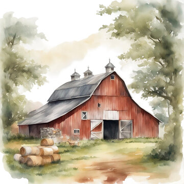 Red Farm Barn House - Handpainted Watercolor Painting Drawing - Generative AI