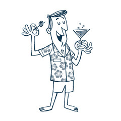 Vintage Style Clip Art - Casually dressed man, on summer vacation, drinking a cocktail - Vector Illustration - 647351039