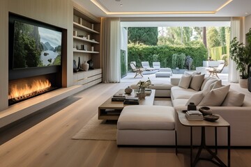 Beautiful living space in a luxurious new residence featuring wooden floors, white shiplap, a fireplace, and a TV integrated into a built-in unit. Generative AI
