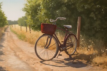 Fototapeta na wymiar A painting of a bicycle with a grape-filled basket on a country road near a cornfield. Generative AI