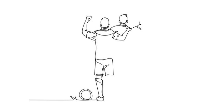 Animated self drawing of continuous line draw attractive two football player hugging, walking together to celebrate, showing sportsmanship. Respect in soccer sport. Full length single line animation