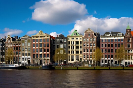 Vibrant buildings elegantly sway along Amsterdam's Amstel River, a scenic icon in this historic European city during spring. Generative AI