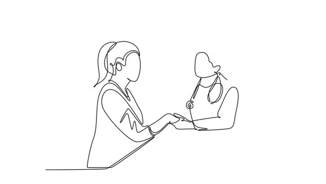 Self drawing animation of single line draw female obstetrician and gynecologist doctor handshake and congratulate happy pregnant mom about her pregnancy. Continuous line draw. Full length animated