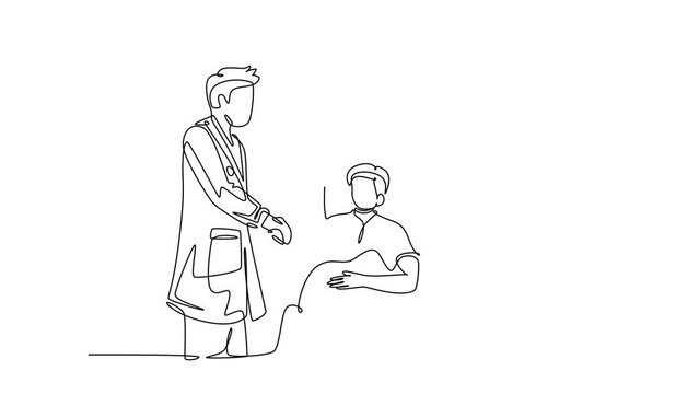 Self drawing animation of single line draw young smart doctor visit a patient laying at bed in hospital and handshaking him to ask condition of his healthy. Continuous line draw. Full length animation