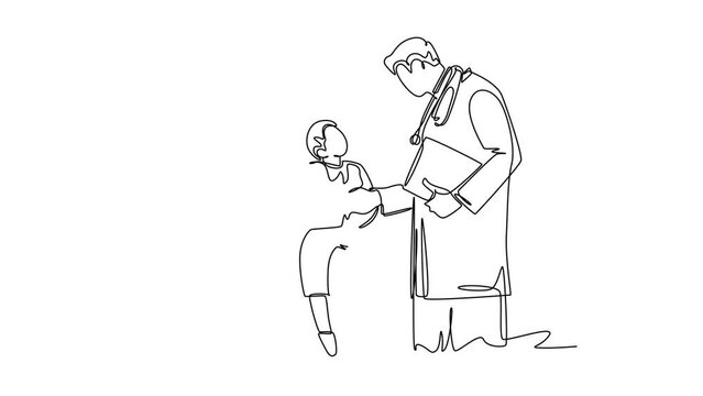 Self drawing animation of single line draw doctor handshaking adorable little boy patient and check up his condition. Health care medical condition concept. Continuous line draw. Full length animated