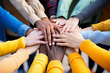 Diverse teenagers unite by placing their hands together in a gesture of solidarity.
 - obrazy, fototapety, plakaty