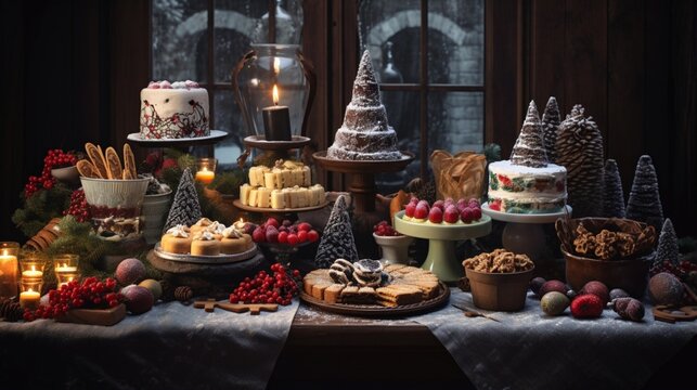 an image of a holiday dessert table overflowing with seasonal treats