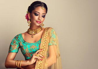 Portrait of beautiful  south indian woman . Young India model  girl with Traditional Indian costume  saree and  golden jawelery  - 647351654