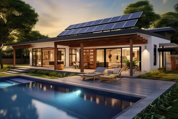 Contemporary outdoor area with pool, spacious kitchen, eco-friendly features like solar panels and electric vehicle in the garage. Generative AI