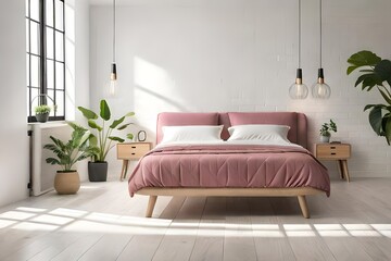 Cozy, feminine bedroom with pink bed, decorative cushions and plant on a wooden stool standing against white, empty wall. Real photo with a place for your furniture - obrazy, fototapety, plakaty