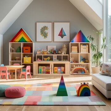 an image of a kid's playroom with colorful decor and storage for toys