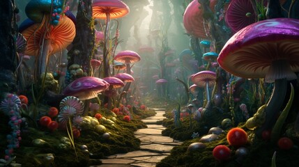 an image of a magical forest where the trees are made of lollipops