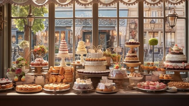 an image of a picturesque Parisian patisserie with delicate pastries on display