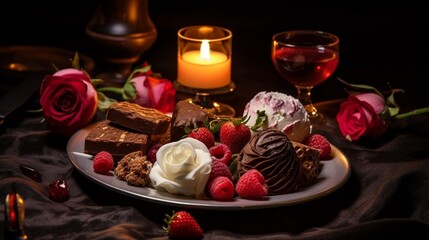 Obraz na płótnie Canvas an image of a romantic dessert platter for two under soft candlelight