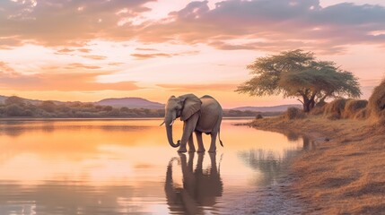 Fototapeta na wymiar African elephant walking swinging his trunk near the lake at sunset