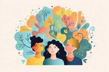 Colorful group of friends sharing time together. Three happy women in front of tropical leaves on a neutral background.