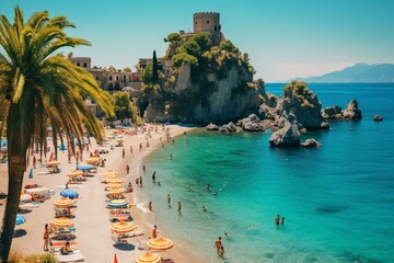 A sunny day on Isola Bella beach in Taormina, Sicily. Generative AI - obrazy, fototapety, plakaty