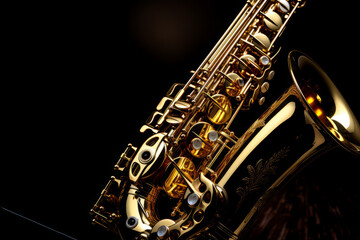Obraz premium Closeup of a golden saxophone with dark background