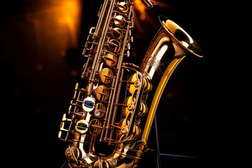 Obraz premium Closeup of a golden saxophone with dark background