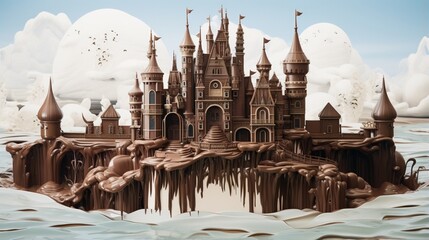 an image of an enchanted castle with a moat filled with liquid chocolate - obrazy, fototapety, plakaty