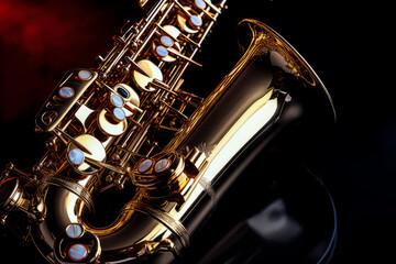 Obraz premium Closeup of a golden saxophone with dark background