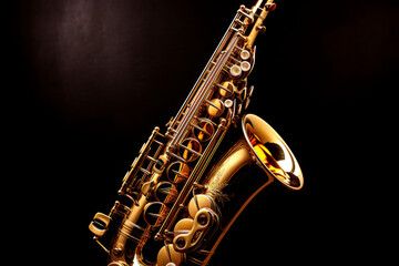 Closeup of a golden saxophone with dark background