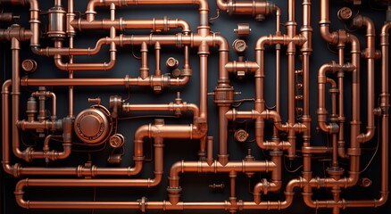 Copper pipes background. Round shaped metal pipes, banner. Products for housing and communal services, construction industry.
