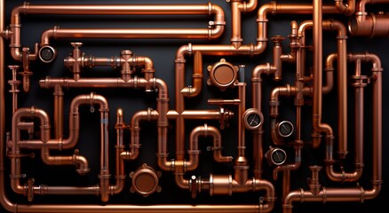 Copper pipes background. Round shaped metal pipes, banner. Products for housing and communal services, construction industry. - obrazy, fototapety, plakaty