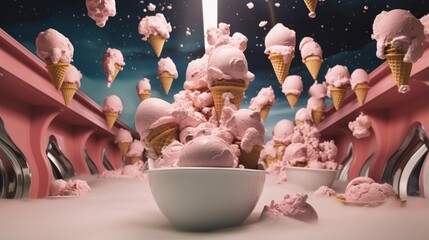 an image of an ice cream parlor in zero gravity with scoops floating