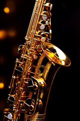 Obraz premium Closeup of a golden saxophone with dark background