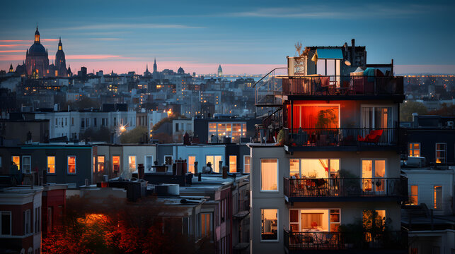 an urban townhouse, with a vibrant cityscape as the background