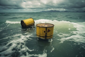 Toxic barrels contaminating ocean with radioactive waste. Generative AI - obrazy, fototapety, plakaty