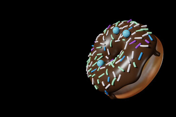 donut with chocolate icing and colorful sprinkles isolated on black background, negative space at left side