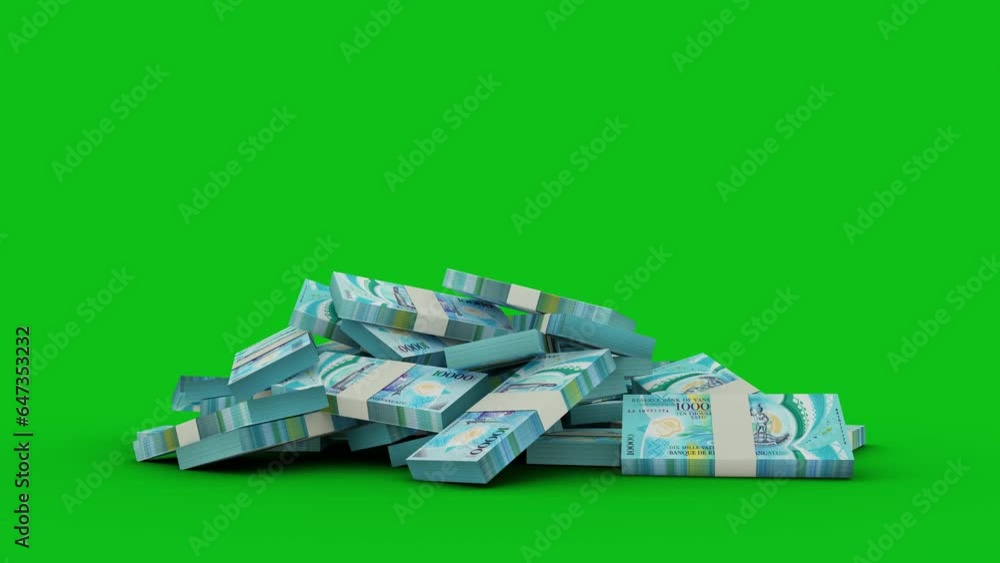 Poster 3d animation of stacks of vanuatu vatu notes falling on green screen floor. you can key out or remov