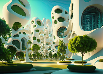 Utopian future city  with generative ai - obrazy, fototapety, plakaty