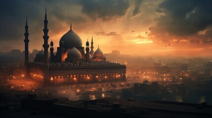 an image that captures the essence of Sultan Hassan's architectural brilliance against the Cairo Citadel's evening glow - obrazy, fototapety, plakaty