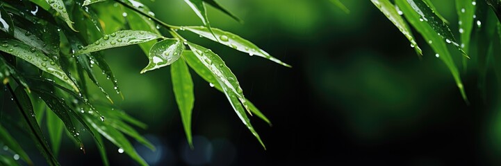Horizontal banner of bamboo branches with raindrops. Place for text. Generative AI