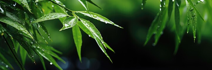 Horizontal banner of bamboo branches with raindrops. Place for text. Generative AI - obrazy, fototapety, plakaty
