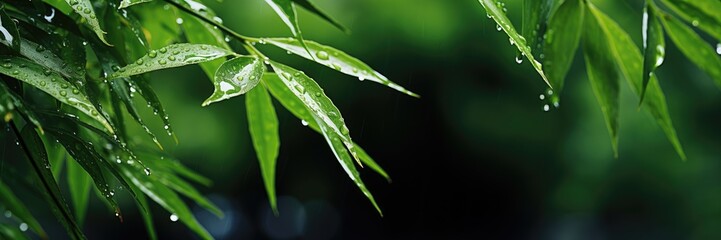 Young branches of bamboo on the leaves of which there small drops of rain. Generative AI