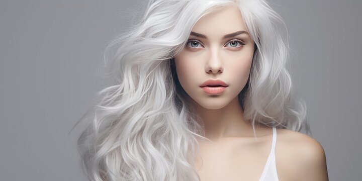 Young modern girl with white hair on gray background. Generative AI